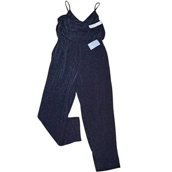 Eliza J Women's Black Metallic Spaghetti Strap Event Party Jumpsuit Sz 8 - Picture 2 of 9